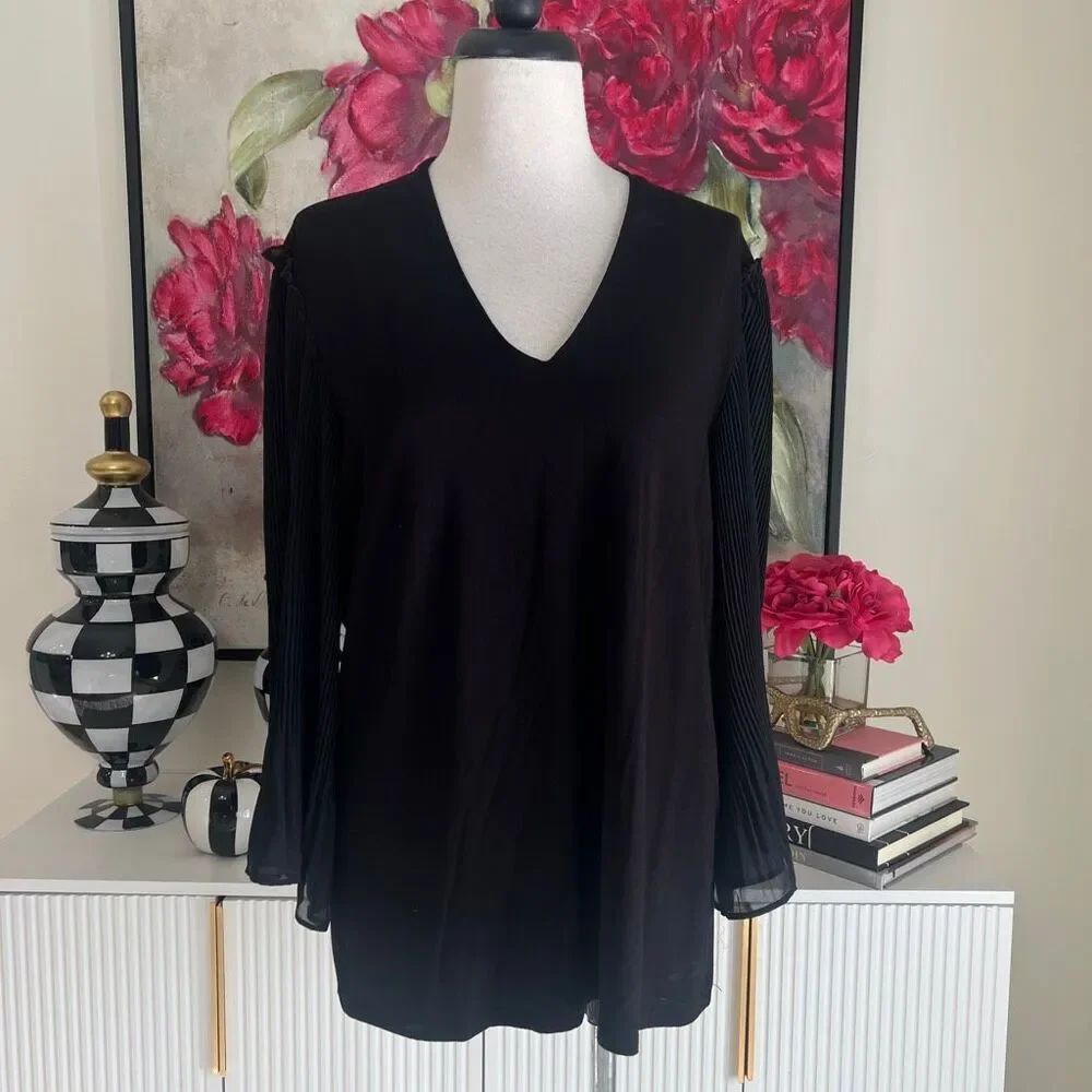 Chico's Women's V-Neck Pleated Sheer Long Sleeve Pullover Blouse Black Large